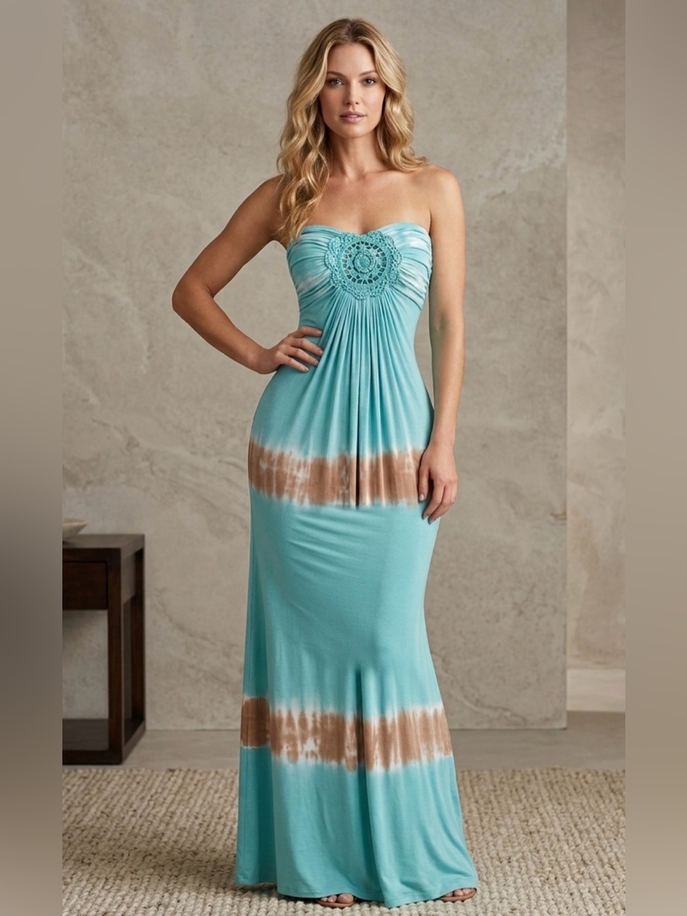 Sky Brand Crochet Embellished Strapless Maxi Dress
